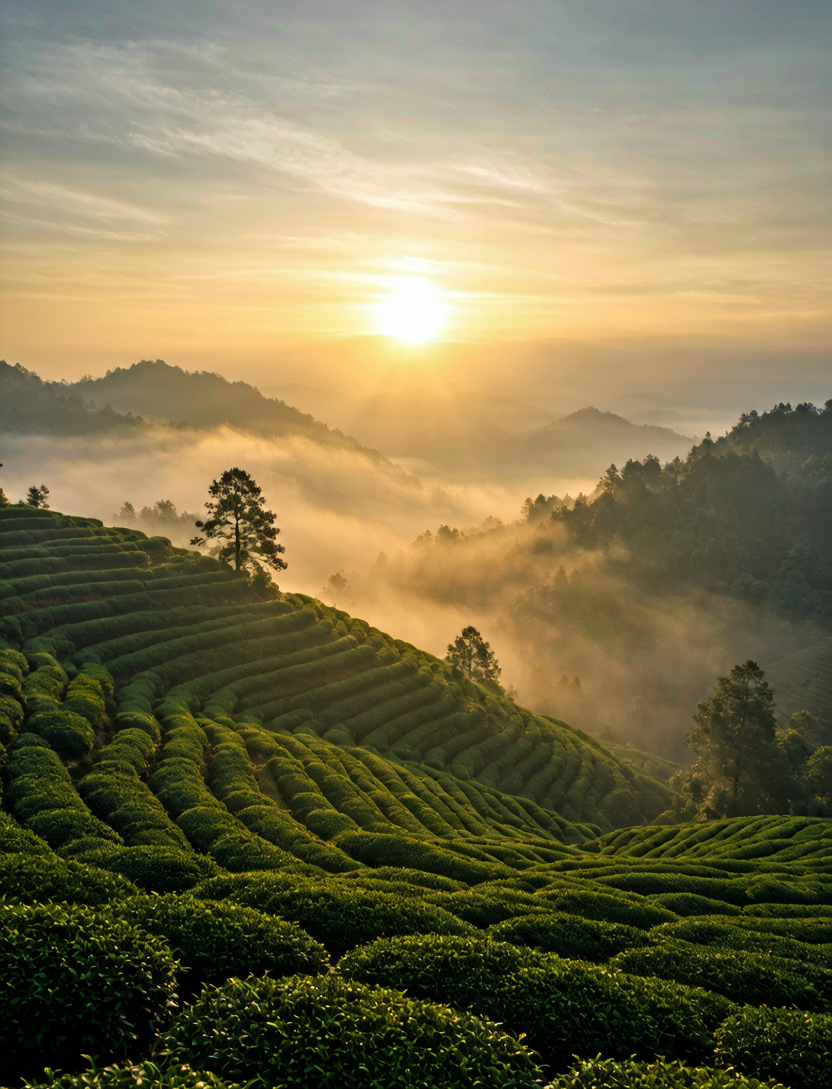 Misty tea plantation terraces for Chinese matcha sourcing