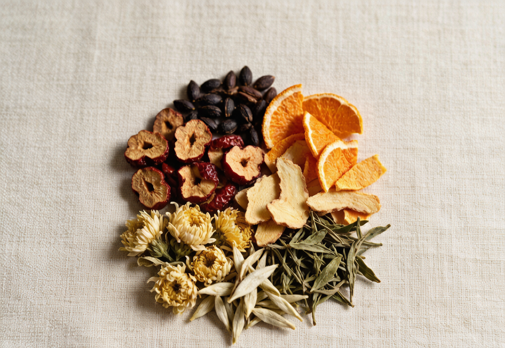 Dried Chinese herbal ingredients: chrysanthemum, jujube, citrus peel, ginger, cassia seed, gynostemma, white tea buds
