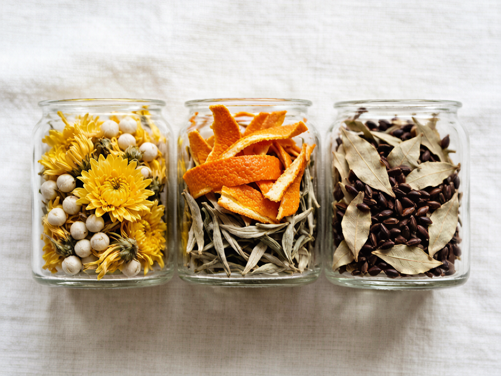 Three functional tea blends: white tea with jujube and chrysanthemum, white and green tea with citrus peel and ginger, and white tea with cassia seed and gynostemma