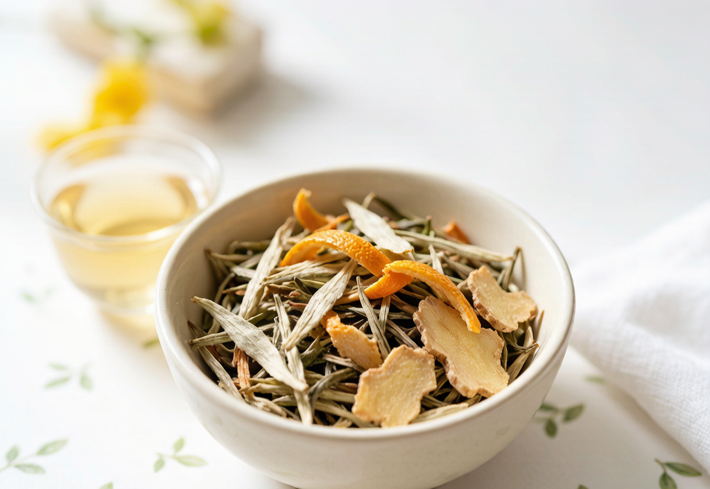 Metabolism Support: white and green tea with dried orange citrus peel and dried ginger slices
