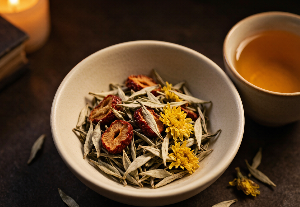 Evening Calm: white tea base with dried red jujube slices and yellow chrysanthemum flowers