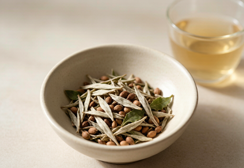 Sugar Balance: white tea with brown cassia seeds and green gynostemma leaves