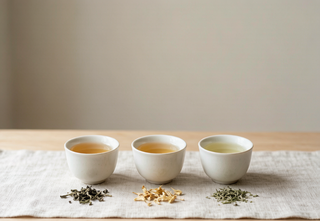Three porcelain cups with three different functional tea infusions, representing morning, midday and evening routines