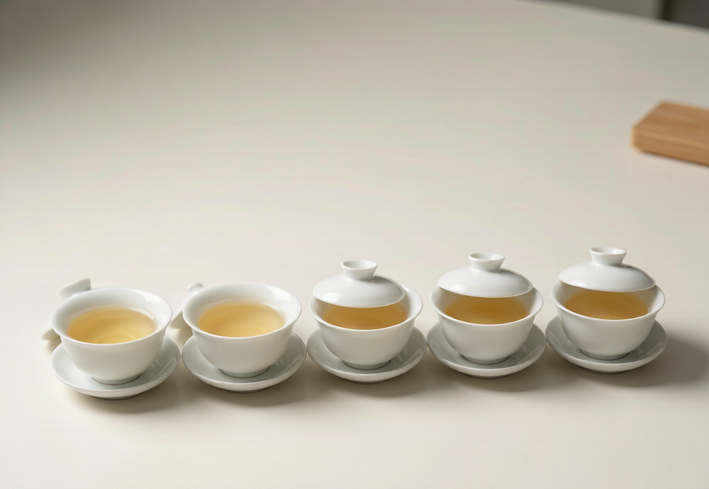 White tea cupping evaluation in porcelain bowls
