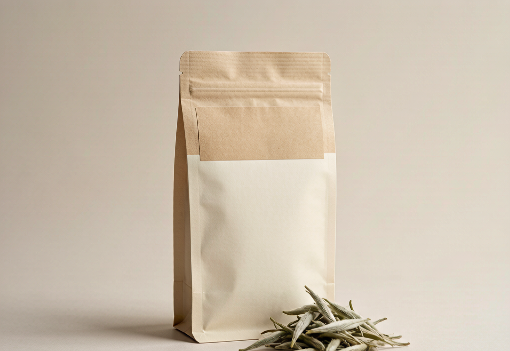 White tea in blank export-grade stand-up pouch packaging