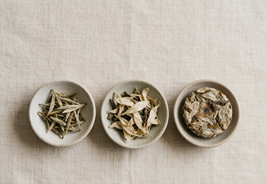 Three white tea grades: Silver Needle buds, aged white tea cake and peony leaves