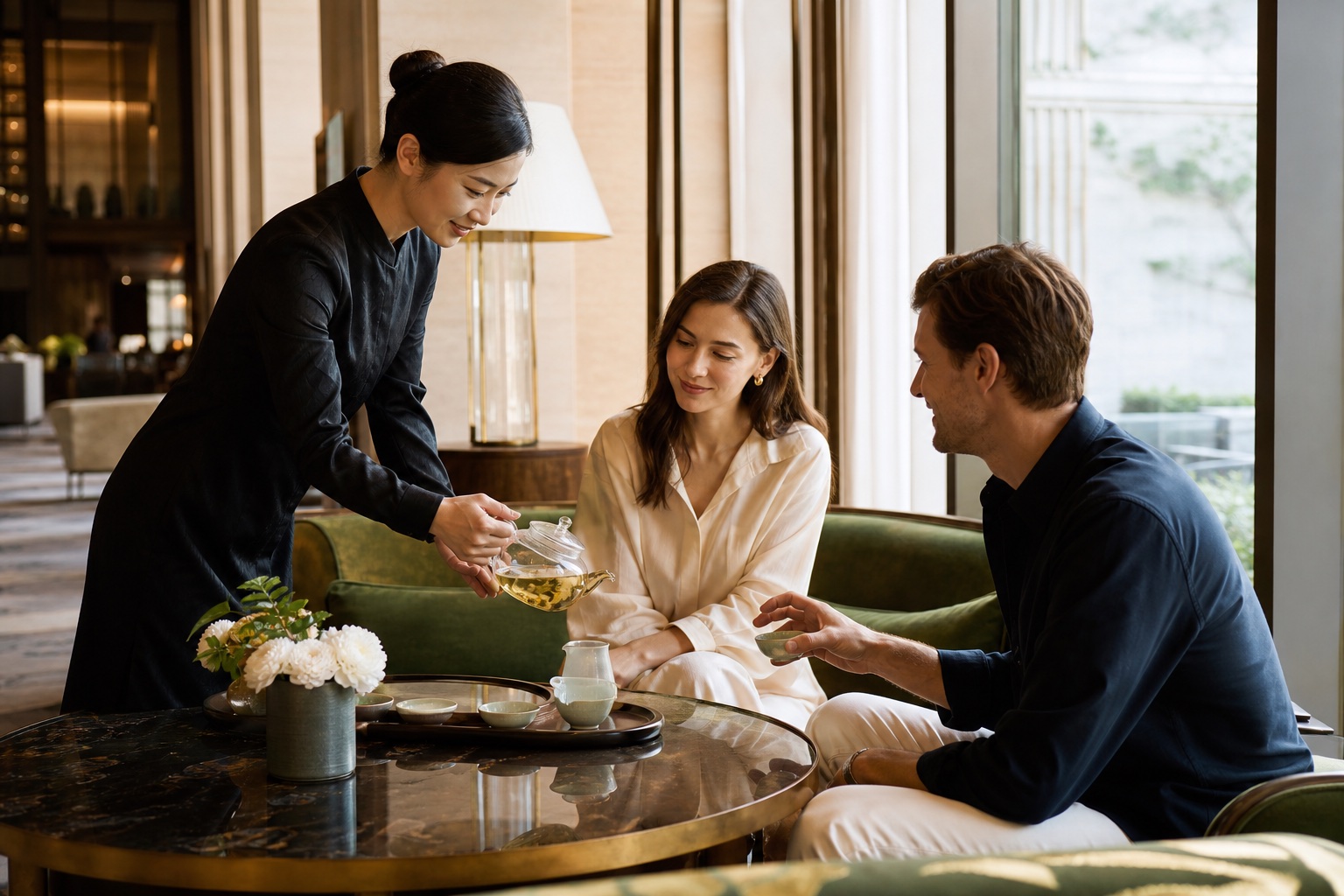 Chinese tea welcome service for guests in a modern hotel lounge